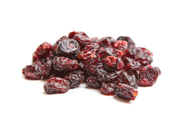 Close-up of a heap of dried cranberries with rich red hues, shiny texture, and wrinkled surface, displayed on a clean white background