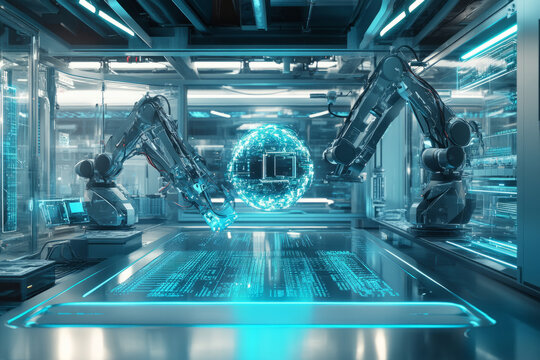A futuristic AI research lab 3D background room with glowing data streams running through transparent walls, robotic arms assembling microchips, and a massive quantum computer core pulsating with blue