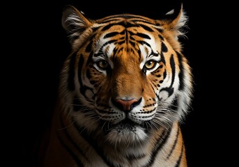 Fototapeta premium A captivating close-up of a tiger's face, set against a pure black backdrop. Generative Ai