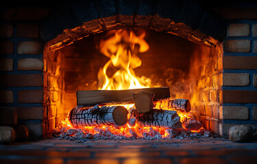 a close-up of the burning fire in an old brick fireplace,