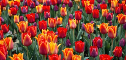 A vibrant tapestry of red, yellow, and purple tulips in full bloom, closeup, yellow tulips