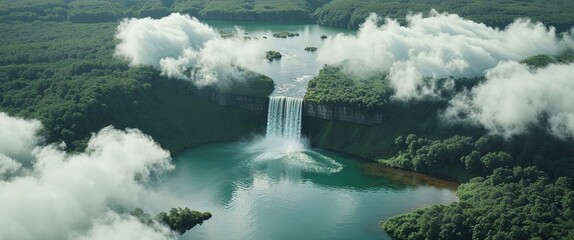 Aerial View of Serene Landscape with Waterfall and Lake.