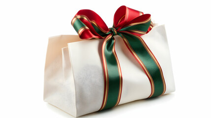 A Christmas gift wrapped in white paper with a red and green striped ribbon and bow.
