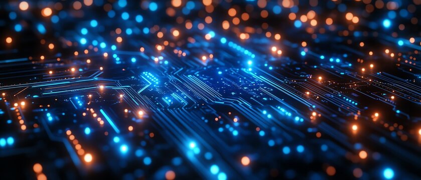 Closeup view of a futuristic circuit board with bright blue illuminated pathways, representing the core of digital transformation, ultraHD, hyperdetailed, vibrant lighting