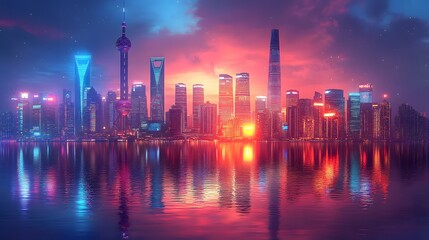 Fototapeta premium Futuristic city skyline with modern high-tech architecture simple digital illustration