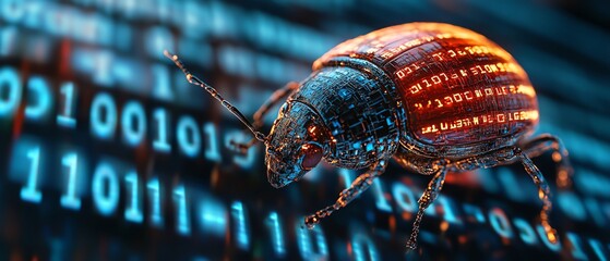 Detailed macro shot of a bug on a screen of binary code, symbolizing the software debugging process, hightech, sharp digital focus, glowing text patterns