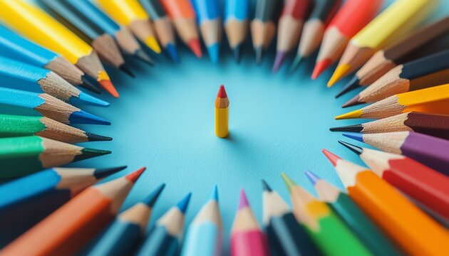 Diverse customer figures in a circle, each holding a pencil, representing dynamic sales strategies and focus on inclusivity, highquality, vibrant graphic design