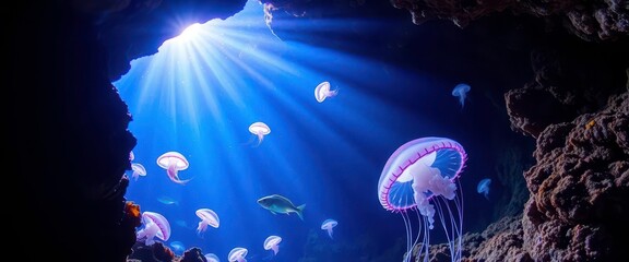 Obraz premium Bio-luminescent jellyfish drifts in sunlit underwater cavern, dark, glowing