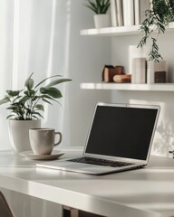 Fototapeta premium Cozy Home Office Workspace with Laptop, Coffee Cup, and Indoor Plants Captured in Soft Natural Light for Modern Lifestyle and Productivity Themes