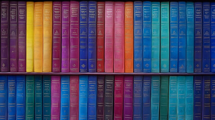Colorful books line a shelf, showcasing a vibrant spectrum of hues and textures.  A diverse collection, neatly arranged