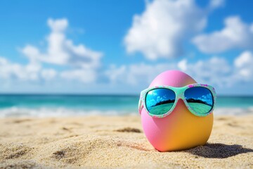Obraz premium Colorful Egg with Sunglasses on Beach with Clear Blue Sky and Ocean in the Background