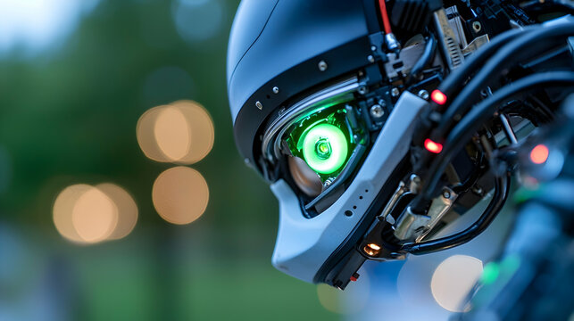 Close Up of a Junkyard Robot with Glowing Green Eyes