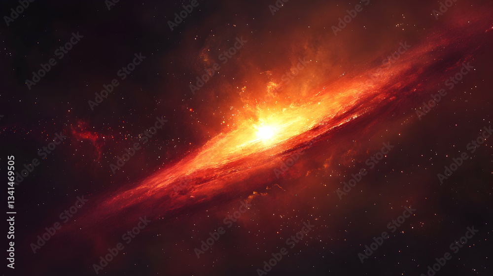 Wall mural a dramatic image of a nebula or galaxy with intense red and orange light and swirling patterns.