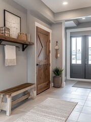 A welcoming modern entryway with rustic design elements