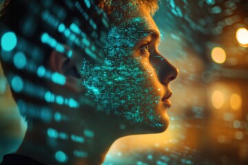A person's face is overlaid with a glowing digital code, symbolizing the fusion of humanity and technology in a futuristic setting.