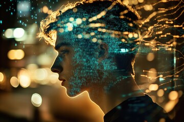 A young man's face is overlaid with flowing digital code, symbolizing the fusion of humanity and technology in a vibrant urban night scene.