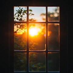 Beautiful Sunset View Through Window with Silhouette of Leaves and Golden Sunlight Streaming Inside a Cozy Room
