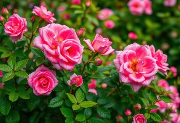 Blushing pink roses bloom amidst vibrant green foliage, set against a dreamy abstract backdrop, leaves, summer