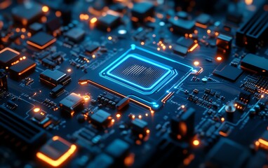 Fototapeta premium Hightech blue motherboard with glowing neon pathways, reflecting the intricate connections of digital communication, ultrarealistic, macro shot, scifi ambiance
