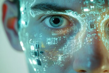 Close-up of a human eye overlaid with a futuristic circuit board design, representing technological integration with the human body.