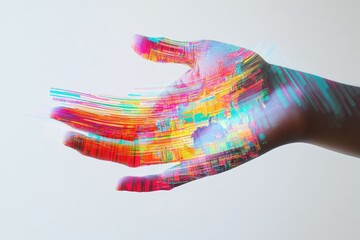 Fototapeta premium A hand, overlaid with vibrant, colorful streaks, symbolizes digital data flow and connectivity.