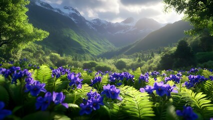 Fototapeta premium A serene landscape featuring vibrant purple flowers in the foreground, lush greenery, and majestic mountains in the background. Concept Serene Landscape, Vibrant Purple Flowers, Lush Greenery