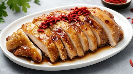 Top down view of Chinese drunken chicken sliced garnished with goji berries served on a white ceramic plate