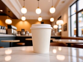 A white coffee cup with a lid sits on a marble table in a softly lit coffee shop, with blurred background featuring a bar and seating area.