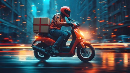 Online shopping delivery motorcycle driver carrying a package fast smooth animation