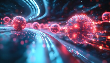 Laserguided therapy targeting cancer cells, showcasing the future of oncology, glowing light paths, highly detailed medical composition, futuristic atmosphere