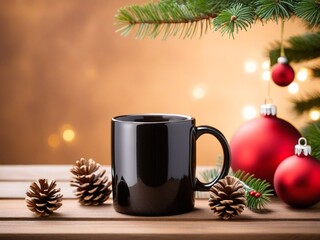 A black coffee mug sits on a wooden table, surrounded by pine cones, pine branches, and red ornaments, with a blurred background of a Christmas tree and twinkling lights.