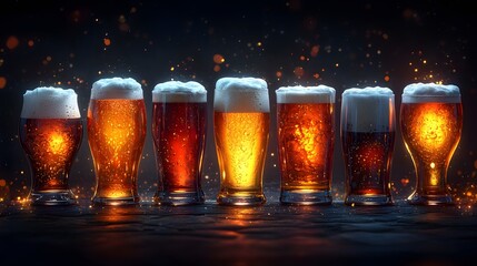A lineup of beer glasses with foamy tops resting on a dark textured surface clean vector design