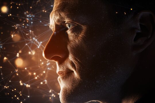 A man's profile, illuminated, with a network of connections overlayed, suggesting digital connectivity and the human-machine interface.