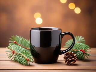 A black coffee mug with a handle sits on a wooden table, accompanied by pine branches and a pine cone, with a blurred background of Christmas lights.