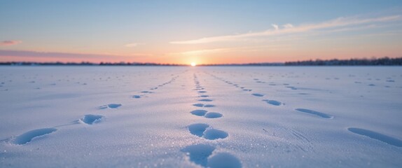 Sunset snow field tracks winter landscape
