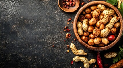 Top down view of Chinese five spice peanuts served a wooden bowl as a snack on a rustic tabletop