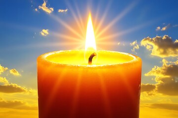 Burning candle flame against bright blue sunset sky