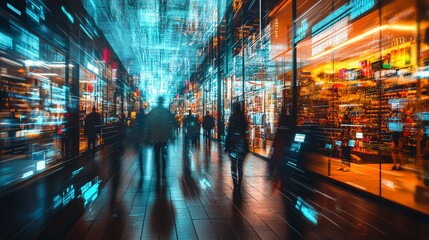 Surreal retail environment with motionblurred shoppers, emphasizing big data insights and sales forecasting, cyberpunk aesthetics, glowing screens, ultradetailed
