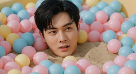 Fototapeta na wymiar Young asian male playing in colorful ball pit with sand