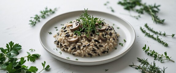 delicious wild rice and mushroom risotto garnished with fresh herbs