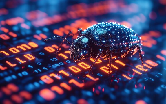 Macro shot of a bug on a glowing matrix of binary code, representing software debugging and error tracking, bright neon numbers, hyperrealistic, scifi theme