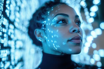 A woman's face is illuminated by binary code, symbolizing the intersection of technology and humanity.