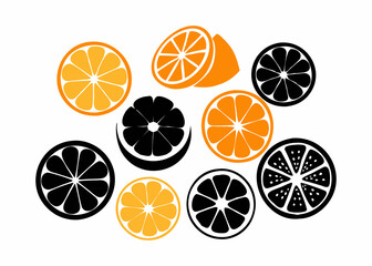 A vibrant graphic design featuring various citrus fruit slices in bold orange and black silhouettes against a pure white background.