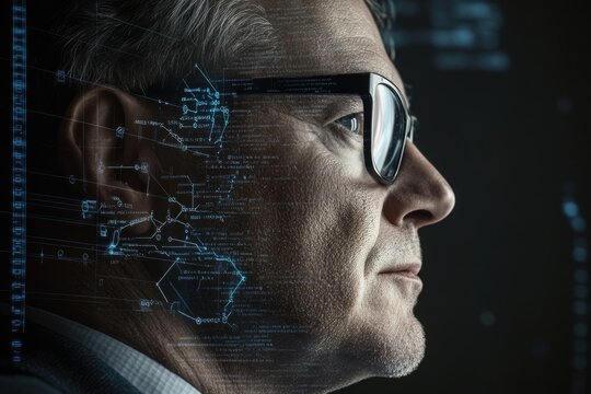 A man's profile is overlaid with a futuristic, digital schematic, suggesting advanced technology and data processing. - Powered by Adobe