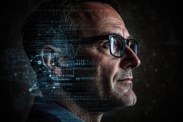 A man's face overlaid with binary code and network diagrams, symbolizing digital transformation and technological integration.