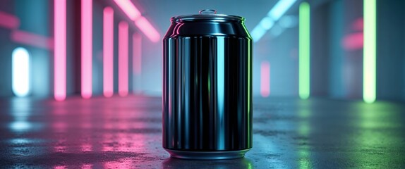 Sleek black aluminum can with neon lights reflection in futuristic setting.