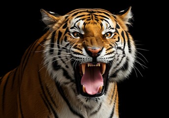 Fierce Tiger Portrait Against Black Background. Generative Ai