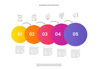 Business vector infographics with five circles and arrows. Timeline visualization with 5 steps for diagram, flowchart, banner, presentations, web, content, levels, chart, graphic