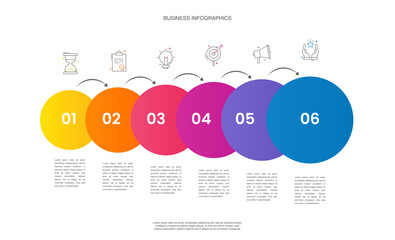 Business vector infographics with six circles and arrows. Timeline visualization with 6 steps for diagram, flowchart, banner, presentations, web, content, levels, chart, graphic