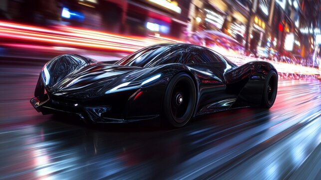 Black Sports Car Speeding Through a Wet City at Night
